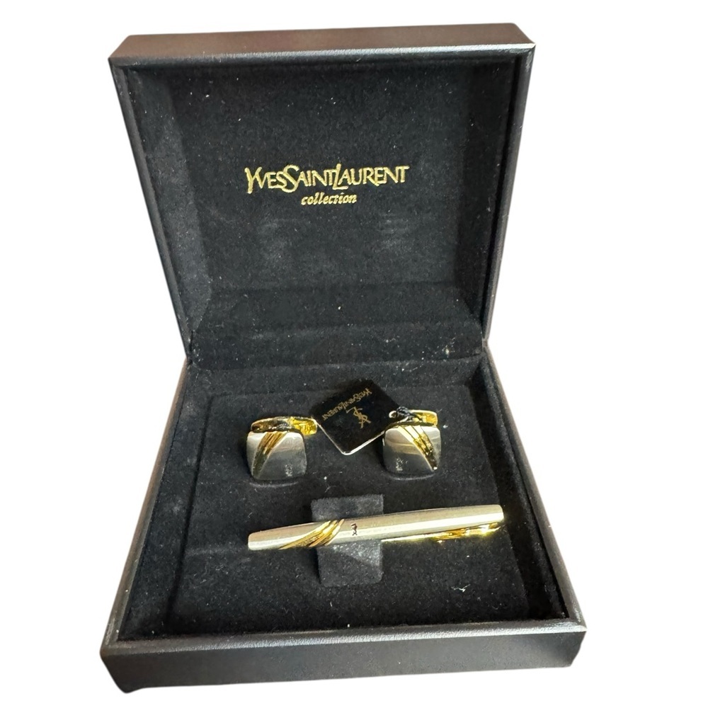 Yves Saint Laurent Gold Cufflinks and Tie Clip Set - Picture 4 of 4